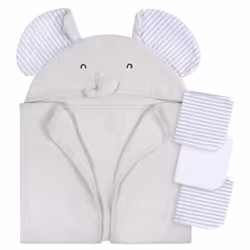Gerber Baby 4 Piece Animal Character Hooded Towel and Washcloth Set Grey Elephant One Size