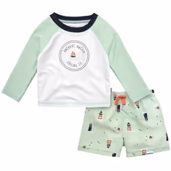 Gerber Baby Boy's Toddler Long Sleeved Rashguard Swim Bathing Suit Set Blue Sailboat 2T
