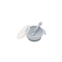 First Feeding Set - Bowl With Suction Base, Lid, Spoon, Baby Led Weaning, BPA-Free, Microwave/Dishwasher/Freezer Safe, 100% Silicone, Grey