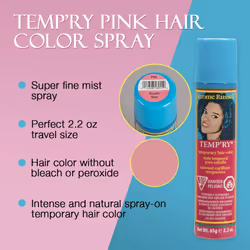 Jerome Russell Temporary Hair Color Spray Pink - Intense Spray-On Temporary Hair Color  Fast-Drying  Non-Sticky  Travel Size  2.2 oz  Peroxi