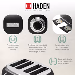 Haden Heritage 4 Slice Wide Slot Stainless Steel Toaster with Adjustable Browning Control & Non-Slip Feet  Black & Chrome