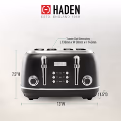 Haden Heritage 4 Slice Wide Slot Stainless Steel Toaster with Adjustable Browning Control & Non-Slip Feet  Black & Chrome