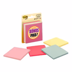 Post-It Notes, 3 in x 3 in, Marseille Collection, 4 Pads/Pack, 50 Sheet/Pad PLUS bonus pad, Blue, Pink, Yellow, Marseille Col ...