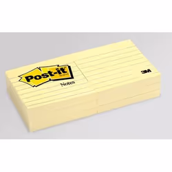 Post-It Notes, 3 in x 3 in, Canary Yellow, Lined, 12 Pads/Pack, Yellow, 76.2 mm, 76.2 mm, 100 sheets
