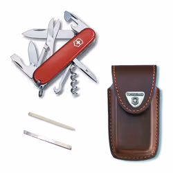 Victorinox CLIMBER Swiss army knife with Pouch spare tweezers & toothpick - red, brown leather