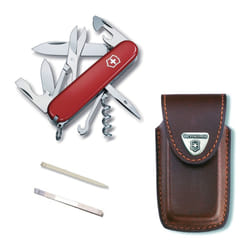 Victorinox CLIMBER Swiss army knife with Pouch spare tweezers & toothpick - red, brown leather