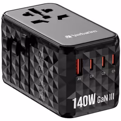 Verbatim UTA-10 140W GaN III Universal Travel Adapter with 2 x USB-C PD 3.1 & QC 4+, 1 x USB-C PD 3.0 & 1 x USB-A QC 3.0 port ...