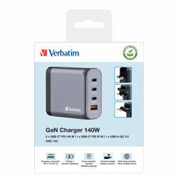 Verbatim GNC-140 GaN Charger 140W with 2 x USB-C PD 140W / 1 x USB-C PD 20W / 1 x USB-A QC 3.0 (EU/UK/US) - Additional view 7