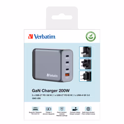 Verbatim GNC-200 GaN Charger 200W with 2 x USB-C PD 100W / 1 x USB-C PD 65W / 1 x USB QC 3.0 (EU/UK/US) - Additional view 7