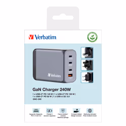 Verbatim GNC-240 GaN Charger 240W with 1 x USB-C 140W /1 x USB-C 100W / 1 x USB-C 65W / 1 x USB-A QC 3.0 (EU/UK/US) - Additional view 7