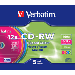 Verbatim CD-RW Colour 12x, 12x, CD-RW, 120 mm, 700 MB, Slimcase, 5 pc(s)