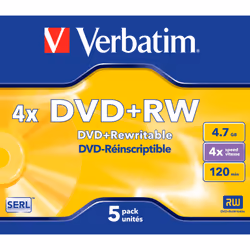 Verbatim VB-DPW44JC, DVD+RW, 120 mm, Jewel case, 5 pc(s), 4.7 GB