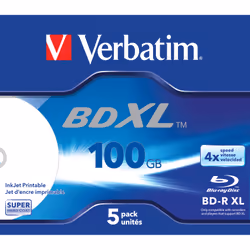 Verbatim BD-R XL 100GB* 4x Wide Inkjet Printable 5 Pack Jewel Case, 100 GB, BD-R, Jewelcase, 5 pc(s)