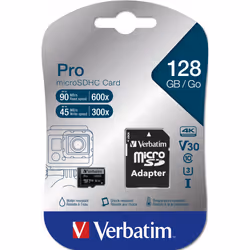 Verbatim Pro, 128 GB, MicroSDXC, Class 10, UHS-I, 90 MB/s, 45 MB/s