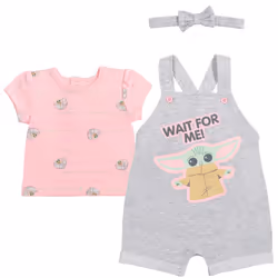 STAR WARS The Child Newborn Baby Girls French Terry Snap Short Overalls T-Shirt and Headband 3 Piece Outfit Set Light Gray 0- ...