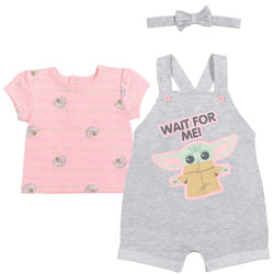 STAR WARS The Child Newborn Baby Girls French Terry Snap Short Overalls T-Shirt and Headband 3 Piece Outfit Set Light Gray 0-3 Months