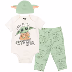 STAR WARS Mandalorian Baby Yoda Baby Boys 3 Piece Outfit Set: Bodysuit Pants Hat 0-3 Months Green/White