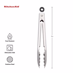 KitchenAid Gourmet Stainless Steel Serving Tongs with Hang Hook and Secure Closing Lock  9 Inch  Stainless Steel