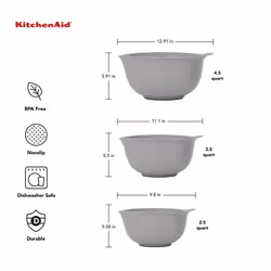 KitchenAid Universal Nesting Plastic Mixing Bowls  Set Of 3  2.5 quart  3.5 quart  4.5 quart  Non Slip Base with Easy Pour Spout to Reduce Mess  Dishw