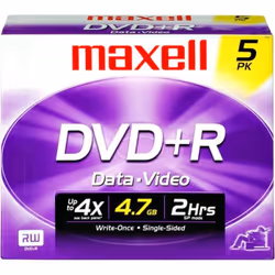 Maxell 639002 Write Once Recording Format Superior Archival Life DVD Playback 4.7Gb Dvd+R 10mm Jewel 5 Pack