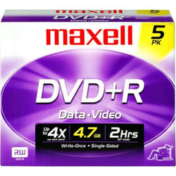 Maxell 639002 Write Once Recording Format Superior Archival Life DVD Playback 4.7Gb Dvd+R 10mm Jewel 5 Pack