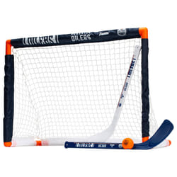 Franklin Sports NHL Edmonton Oilers Mini Hockey Set - Kids Indoor Knee Hockey Goal  Ball  + 2 Mini Hockey Stick Combo Set - Youth NHL Team Indoor Toy