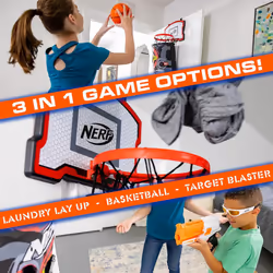 NERF Basketball Hoop Hamper - Laundry Layup Over the Door Basket + Shooting Target - Mini Hoop Hamper + Basketball Set