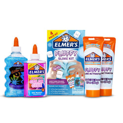 Elmers Fluffy Slime Kit  Includes Elmers Translucent Color Glue  Elmers Glitter Glue  Elmers Fluffy Slime Activator  4 Count