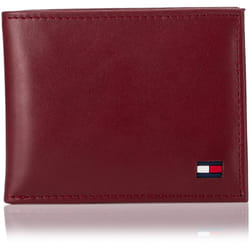 Tommy Hilfiger Men's Leather Wallet - Thin Sleek Casual Bifold with 6 Credit Card Pockets and Removable ID Window  Deep Red