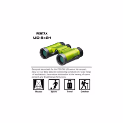 PENTAX Binoculars UD 9x21 Green. A bright, clear field of view, a compact, lightweight body with roof prism, Fully Multi-Coated optics provides excell