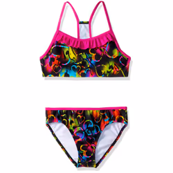 Speedo Girls Ruffled 2-Piece Swimsuit (Black & Pink  14)