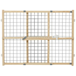 New World Wire Mesh Wood Dog Gate  Pet Gate  Does Not Damage Walls  No Tool Assembly  Features Patented Locking Arm  24H x 27-41.5W - Inches  Natural