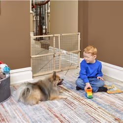 New World Wire Mesh Wood Dog Gate  Pet Gate  Does Not Damage Walls  No Tool Assembly  Features Patented Locking Arm  24H x 27-41.5W - Inches  Natural