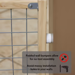 New World Wire Mesh Wood Dog Gate  Pet Gate  Does Not Damage Walls  No Tool Assembly  Features Patented Locking Arm  24H x 27-41.5W - Inches  Natural