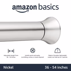 Amazon Basics Tension Curtain Rod, Adjustable 36-54" Width - Nickel, Classic Finial
