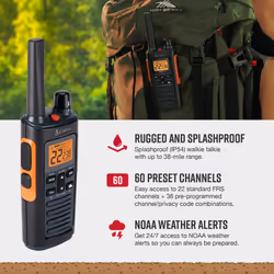 Cobra RX680 Waterproof Walkie Talkies - Rechargeable  60 Preset Channels  Long Range 38-Mile Two-Way Radio Set (2-Pack) Black and Orange