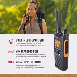 Cobra RX680 Waterproof Walkie Talkies - Rechargeable  60 Preset Channels  Long Range 38-Mile Two-Way Radio Set (2-Pack) Black and Orange