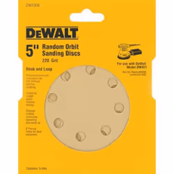 DEWALT DW4306 5-Inch 8 Hole 220 Grit Hook and Loop Random Orbit Sandpaper (5-Pack)