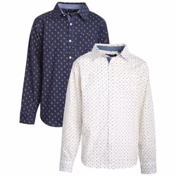 Ben Sherman Boys' Button-Down Shirts - Long Sleeve Cotton Collared Dress Shirt (2 Pack)  Size 18  Navy Shapes/White Polka