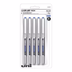 uni-ball Vision Liquid Ink Rollerball Pens Fine Point 0.7 mm Gray Barrel Blue Ink Pack of 5 Pens