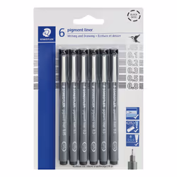STAEDTLER Pigment Liner Pack  Black  6 Pens  Assorted Line Widths  0.05mm  0.1mm  0.2mm  0.3mm  0.5mm  0.8mm