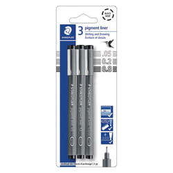 STAEDTLER Pigment Liner Pack  Black  3 Pens  Assorted Line Widths 0.5mm/1.2mm/Chisel  308-9S2BK3