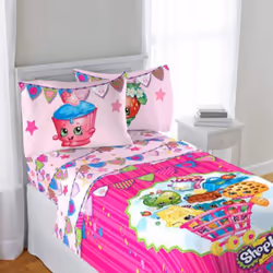 Shopkins 4 Piece Bedding Full Sheet Set | Fitted | Flat | 2 Design Pillowcases
