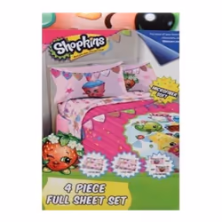 Shopkins 4 Piece Bedding Full Sheet Set | Fitted | Flat | 2 Design Pillowcases