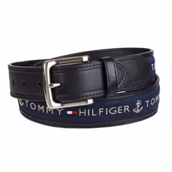 Tommy Hilfiger Men's Ribbon Inlay Belt - Ribbon Fabric Design with Single Prong Buckle  Black/Navy  34