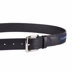 Tommy Hilfiger Men's Ribbon Inlay Belt - Ribbon Fabric Design with Single Prong Buckle  Black/Navy  34