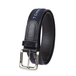 Tommy Hilfiger Men's Ribbon Inlay Belt - Ribbon Fabric Design with Single Prong Buckle  Black/Navy  38