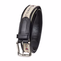 Tommy Hilfiger Men's Ribbon Inlay Belt - Ribbon Fabric Design with Single Prong Buckle black/natural 34