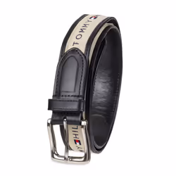 Tommy Hilfiger Men's Ribbon Inlay Belt - Ribbon Fabric Design with Single Prong Buckle black/natural 44