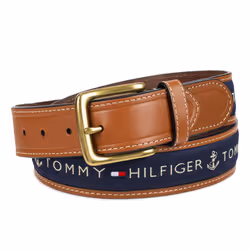 Tommy Hilfiger Men's Ribbon Inlay Belt - Ribbon Fabric Design with Single Prong Buckle  Navy  40